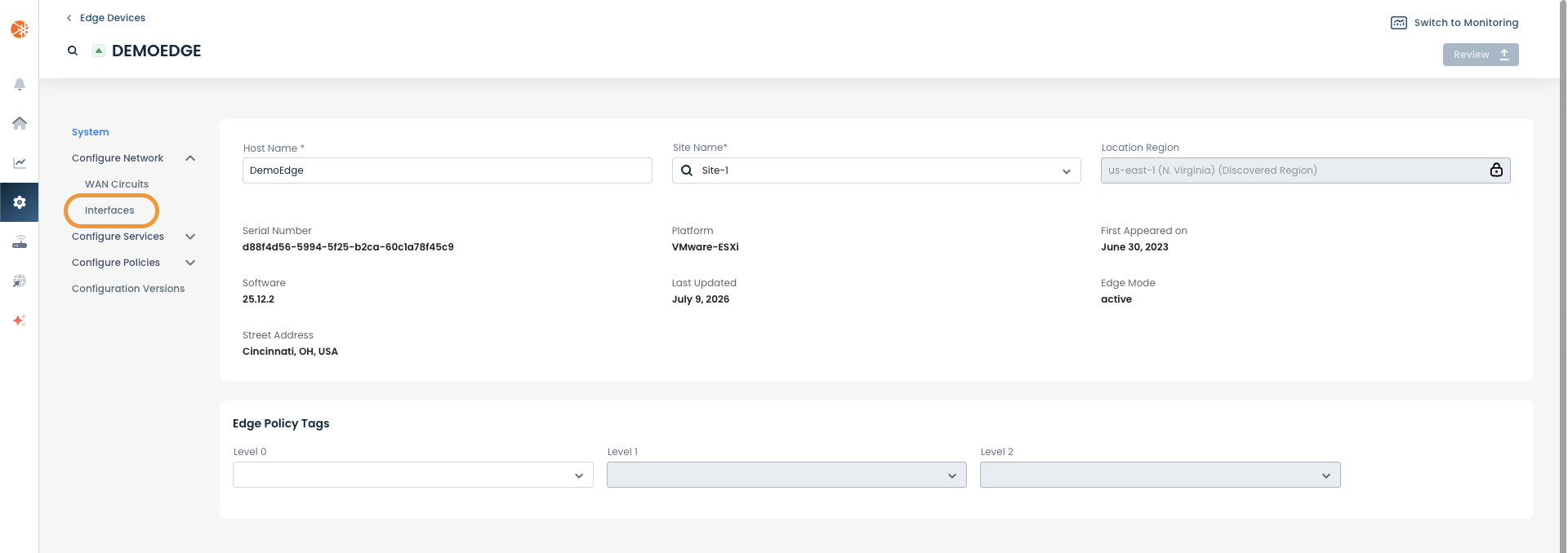 Interface settings for DemoEdge, including host name, serial number, and location region.